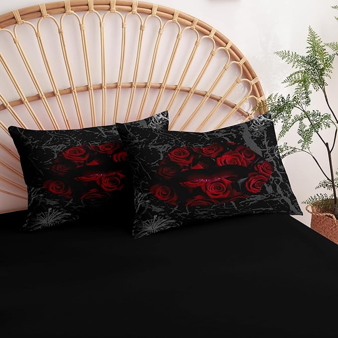 Gothic Black Rose Bedding Set Full Size, Red Sexy Lip Comforter Set for Girls Women, 3 Pieces Soft Fluffy Microfiber with 2 Pillowcases, 79"x90"