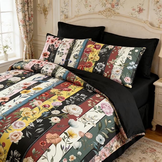 Vintage Black Floral Comforter Set Full for Girls, 3Pcs Stripe Patchwork Bedding Set for Women, Farmhouse Country Botanical Floral Quilted Comforter with 2 Pillowcases, 79"x90"