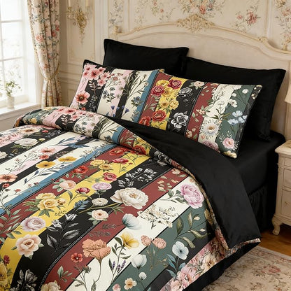 Vintage Black Floral Comforter Set Full for Girls, 3Pcs Stripe Patchwork Bedding Set for Women, Farmhouse Country Botanical Floral Quilted Comforter with 2 Pillowcases, 79"x90"