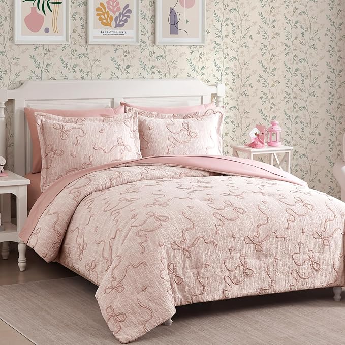 Geniospin Pink Full Comforter Set for Girls- 7 Pieces Bowknot Jacquard Bed in A Bag Full Bedding Sets with Sheets, Pillowcases & Shams, All Season Kids Comforter Set