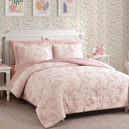 Geniospin Pink Full Comforter Set for Girls- 7 Pieces Bowknot Jacquard Bed in A Bag Full Bedding Sets with Sheets, Pillowcases & Shams, All Season Kids Comforter Set