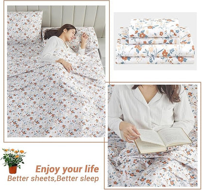 Softan Floral Full Sheet Set, Orange Flower Printed Bed Sheets - 4 Piece Soft Microfiber Patterned Fitted Sheets with 15" Deep Pocket & Non-Slip Straps, Cute Flower Sheets & Pillowcase Set