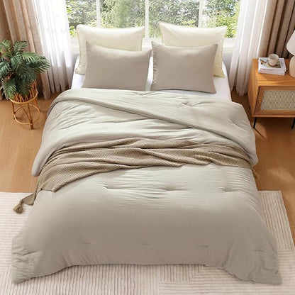 WRENSONGE Full Size Comforter Sets - 3 Pieces Light Oatmeal Comforter Prewashed Soft Lightweight for All Seasons, Fluffy Down Alternative Comforter Full Size with 2 Pillow Shams