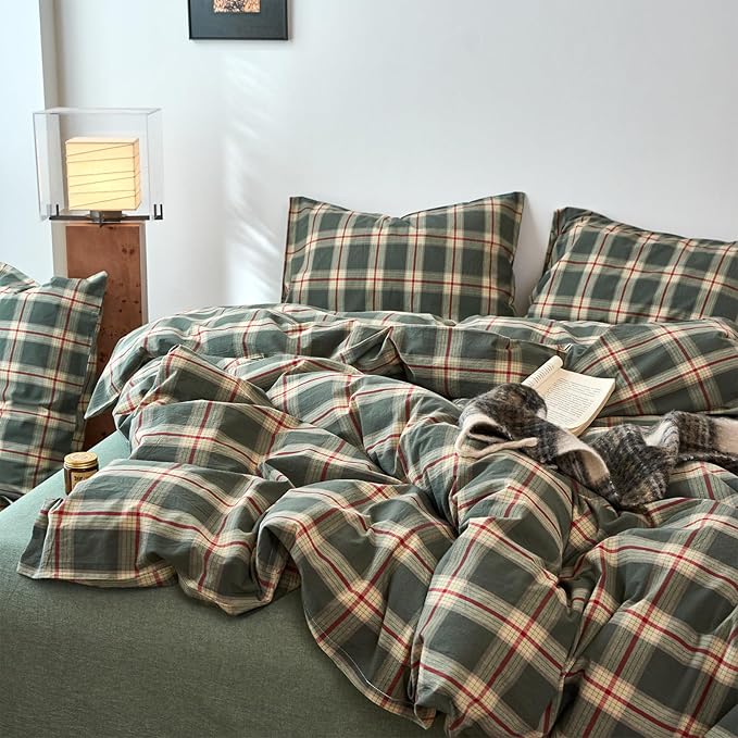 EAVD Vintage Green Buffalo Plaid Comforter Set Twin XL Soft 100% Washed Cotton Retro Green&Red Grid Checkered Bedding Set with 2 Pillowcases Farmhouse Gingham Comforter Set for All-Season