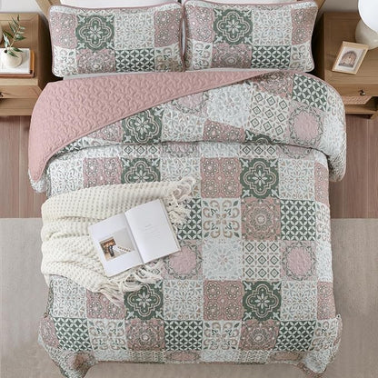 Dobuyly Blush Quilt Set Queen Size, Boho Patchwork Plaid Bedspread Coverlet Set, 3 Pieces Soft Microfiber Farmhouse Quilt Bedding Set Lightweight Bed Cover for All Seasons 96"x90"