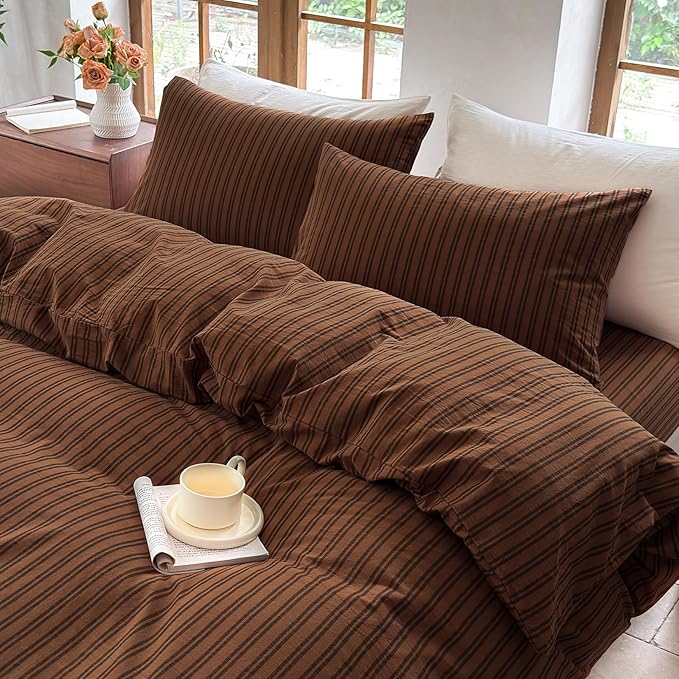 Striped Duvet Cover Set 100% Washed Cotton Linen Like Soft Feelling Breathable Bedding(Burnt Orange/Black Strip,Queen)