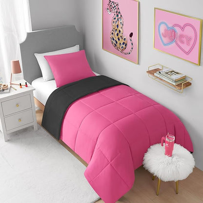 Juicy Couture Reversible Box Stitch Comforter Set, 3-Piece King – Hot Pink/Black – Glam Bedding Set