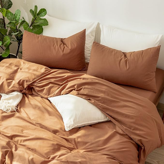 MooMee Bedding Pillowcases Pack of 2 100% Washed Cotton Linen Like Textured Breathable Durable Soft Comfy (Solid Dark Orange, King)