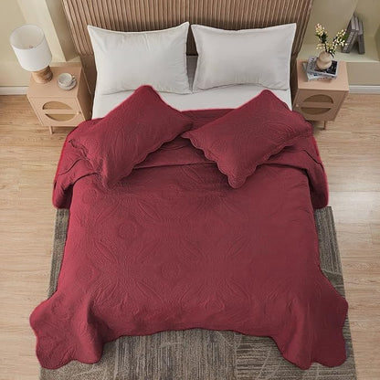 Kingnex Oversized King Bedspreads 128x120 for Extra Wide Tall King or Cal King Bed Ultrasonic Quilted Coverlet Set 3 Piece Include 1 Quilt 2 Pillowcases Burgundy