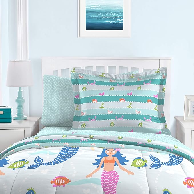 dream FACTORY Kids 5-Piece Complete Set Easy-Wash Super Soft Microfiber Comforter Bedding, Twin, Light Blue Mermaid Dreams