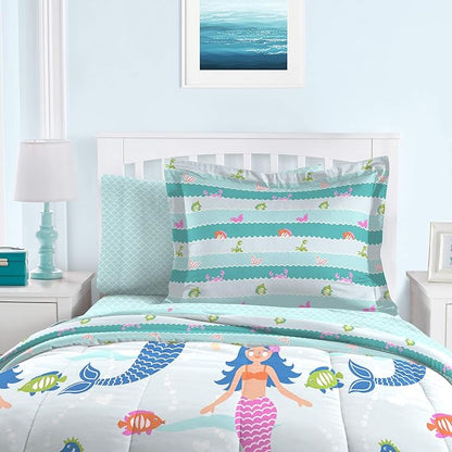 dream FACTORY Kids 5-Piece Complete Set Easy-Wash Super Soft Microfiber Comforter Bedding, Twin, Light Blue Mermaid Dreams