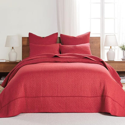 Levtex Home Cross Stitch Bedspread Set - King Bedspread, 2 Shams - Red - Cotton