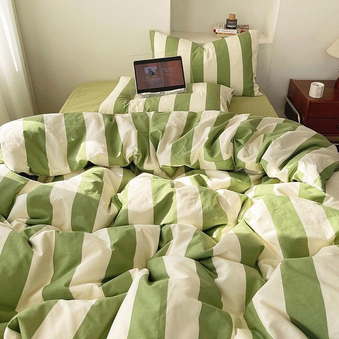 LifeTB Sage Green and White Striped Duvet Cover Set Twin XL, 100% Washed Microfiber Soft Breathable Striped Bedding Set, 3 Pieces Retro Stripes Pattern Printed Comforter Cover with 2 Pillowcases