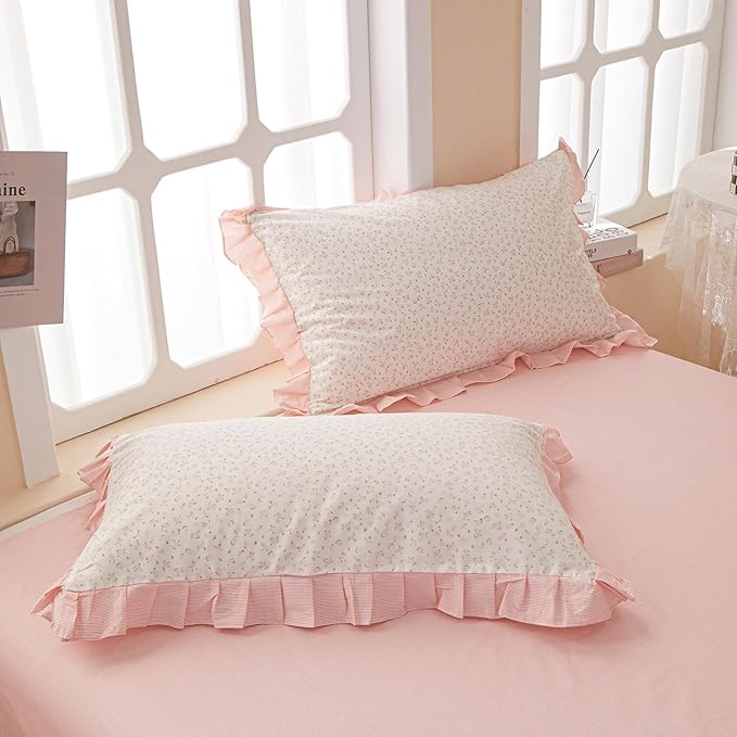 Pink Floral Comforter Twin XL Ruffle Boho Bedding Set Fluffy Lightweight All Season Down Alternative Bedding Comforter Set Soft Microfiber Cute Striped Comforter with 2 Pillowcases