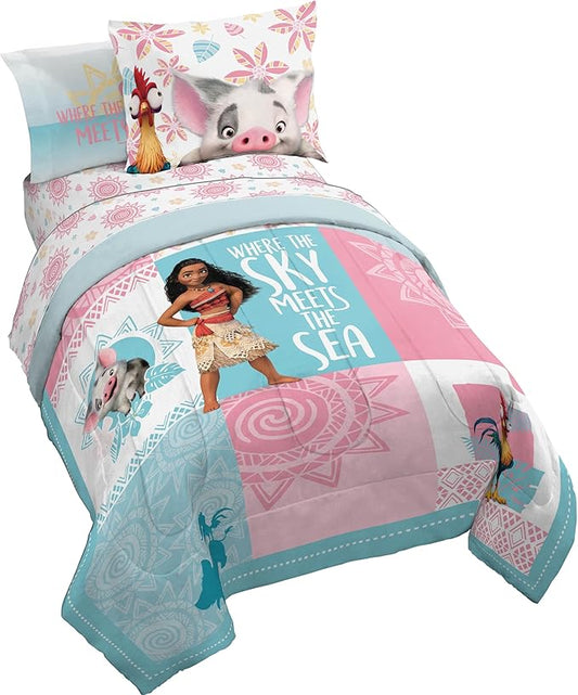 Jay Franco Disney Moana Twin Comforter Set â€“ Tropical Patchwork 5 Piece Bedding Features Pua and HEI HEI - Includes Sheet Set & Pillow Covers - Super Soft Kids Microfiber Bed Set