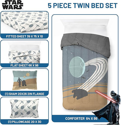 Jay Franco Star Wars Twin Size Comforter Set - 5 Piece Bedding Includes Sheet Set & Pillow Covers - Super Soft Cozy Bedding with Death Star and Millennium Falcon