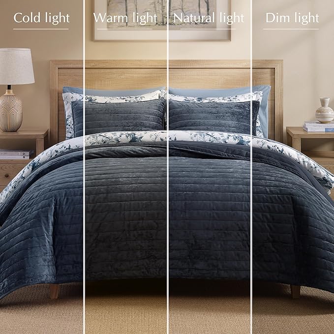 WRENSONGE Velvet King Size Quilt Set-3 Pieces Blue Grey Luxurious Velvet Striped Channel Comforter with 2 Shams, Soft Bedspread Coverlet Quilted Bedding Set for All Season