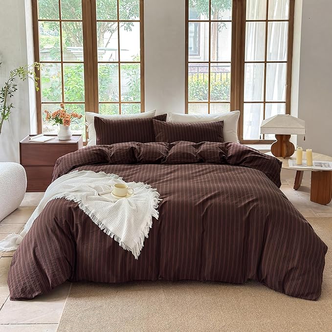 Striped Duvet Cover Set 100% Washed Cotton Linen Like Soft Feelling Breathable Bedding(Pine Bark Brown/Black Strip,Full)
