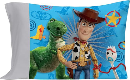 Disney Toy Story - Play Time - Blue, Yellow, Green, Red, Gray 4 Piece Toddler Bed Set with Comforter, Flat Top Sheet, Fitted Bottom Sheet, Standard Size Pillowcase