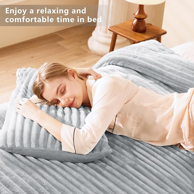 CozyLux Fluffy Queen Comforter Set - Super Soft Faux Fur Grey Comforter Queen Size, Winter Warm Fleece Bedding Set, 3 Pieces Plush Fuzzy Bed Set (1 Shaggy Comforter, 2 Pillowcases)