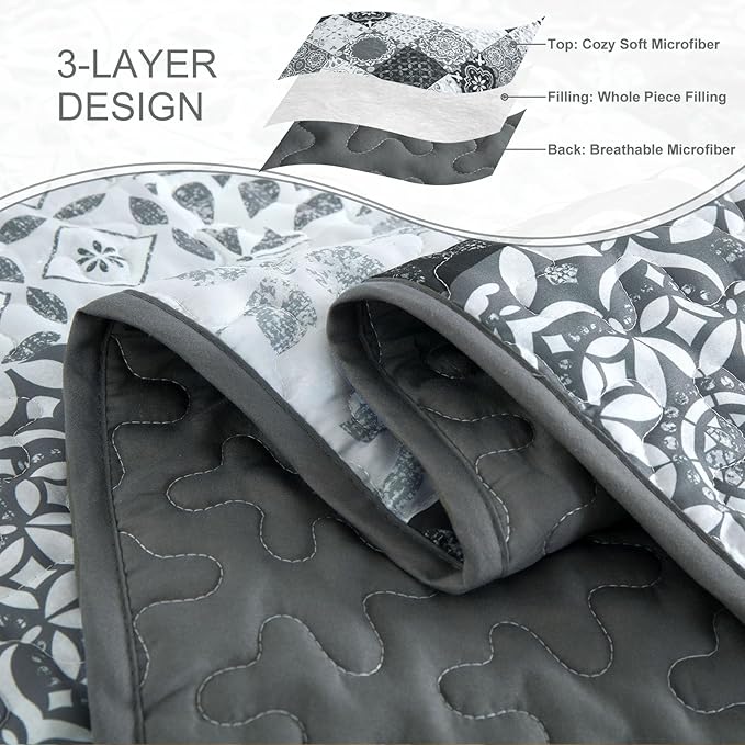 Dobuyly Grey Black Quilt Set California King Size, Boho Plaid Patchwork Bedspreads Coverlet Set, 3 Pieces Soft Lightweight Microfiber Farmhouse Cal King Quilt Bedding Set for All Seasons 112"x96"