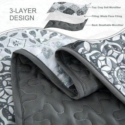 Dobuyly Grey Black Quilt Set California King Size, Boho Plaid Patchwork Bedspreads Coverlet Set, 3 Pieces Soft Lightweight Microfiber Farmhouse Cal King Quilt Bedding Set for All Seasons 112"x96"