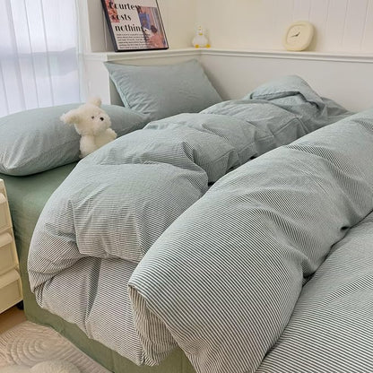 MKXI Ultra-Fine Stripe Duvet Cover Set Twin, 100% Washed Cotton Green & White Textured Bedding, 3 Piece Breathable Comfy Farmhouse Style Duvet Cover with Pillow Shams