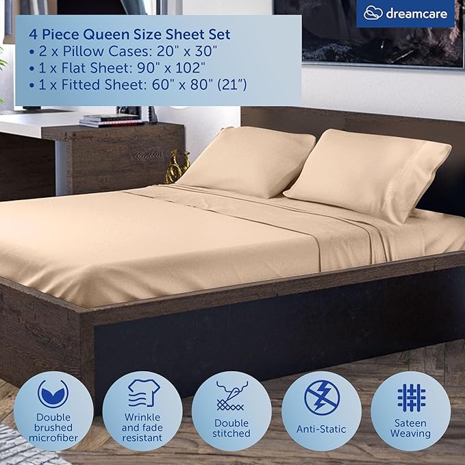 DREAMCARE Queen Size Sheets - Cooling Bed Sheets - 4pcs Set - up to 15" Deep Pocket Queen Sheet Set - Sheets Queen Size Bed - Soft & Long Lasting 100% Fine Brushed Polyester with Side Pocket, Wheat