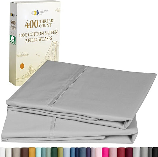 California Design Den King Size Pillowcase Set - 400 Thread Count, 100% Cotton Sateen, Set of 2 Pillow Covers, Soft and Breathable - Light Grey