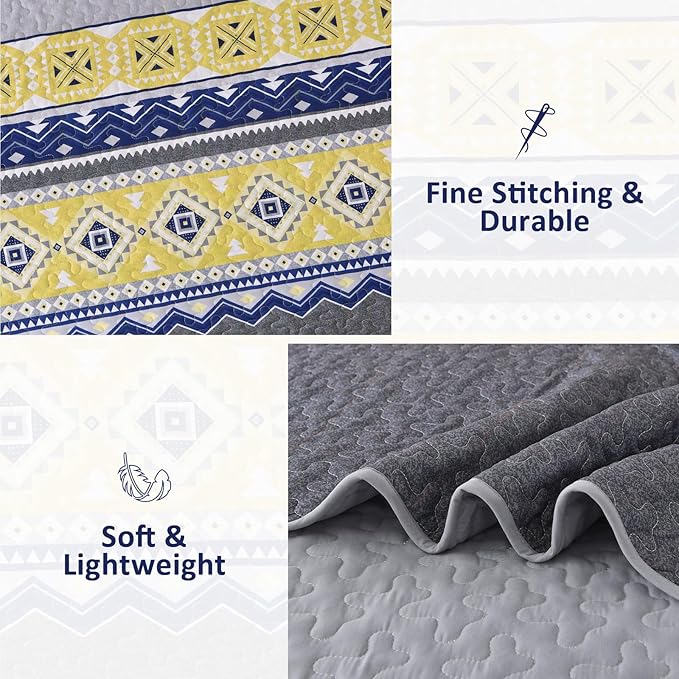 WONGS BEDDING 3 Pieces Quilt Set King Size, Grey Yellow Quilt Bedspread Lightweight Bohemian Coverlet Set with 2 Pillowcase, Soft Geometry Printed Bedding Set King for All Season 104"×90"