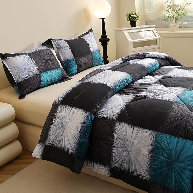 Caressma Twin Comforter Set White and Blue Plaid, Black and White Checkered Comforter Bedding Set, Fluffy Black Grid Home Decor for All Seasons