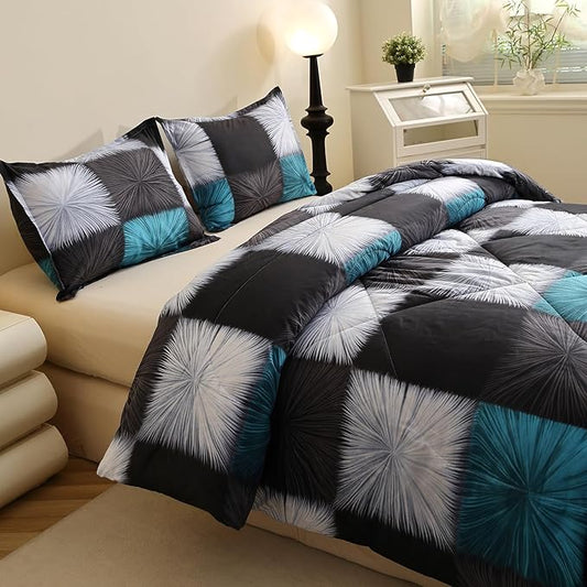 Caressma Twin Comforter Set White and Blue Plaid, Black and White Checkered Comforter Bedding Set, Fluffy Black Grid Home Decor for All Seasons