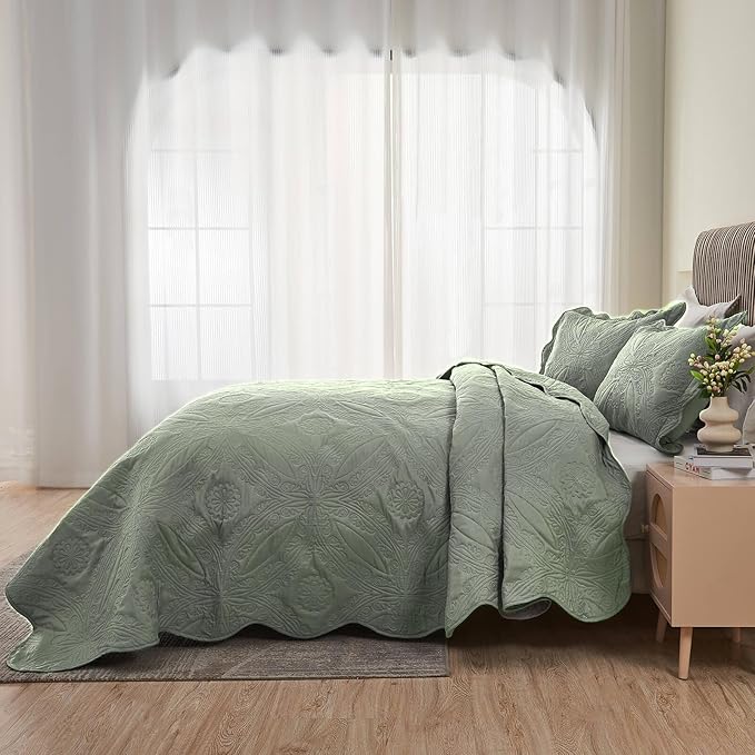 Kingnex Oversized King Bedspreads 128x120 for Extra Wide Tall King or Cal King Bed Ultrasonic Quilted Coverlet Set 3 Piece Include 1 Quilt 2 Pillowcases Sage