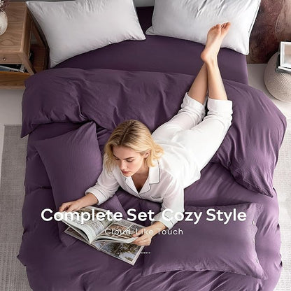 JELLYMONI 100% Washed Cotton Duvet Cover Full – Soft, Breathable Linen-Look Bedding with Natural Wrinkle Texture, Button Closure, 3-Piece Set (Iris Purple, 80"x90")