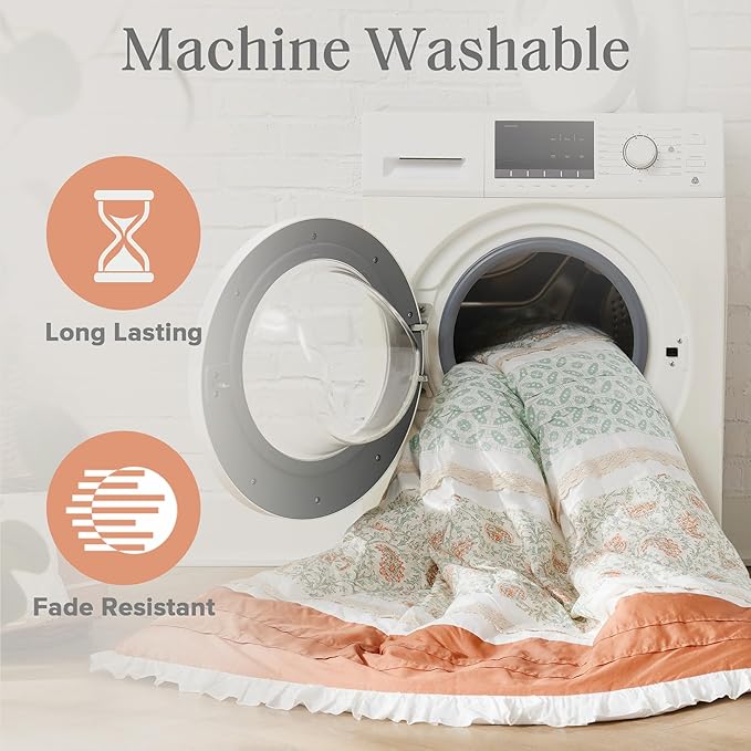 Madison Park Dawn 100% Cotton Shabby Chic Comforter Set-Modern Cottage Design All Season Down Alternative Bedding, Matching Shams, Bedskirt, Decorative Pillows, King(104"x92"), Coral 9 Piece