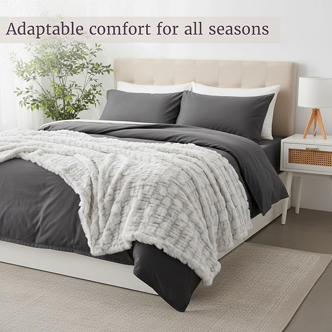 Oversized Ruched Faux Fur Blanket - 60x80-Inch Jacquard Faux Fur Queen-Size Throw for Sofas and Beds - Luxurious Bedding by Lavish Home (Gray)