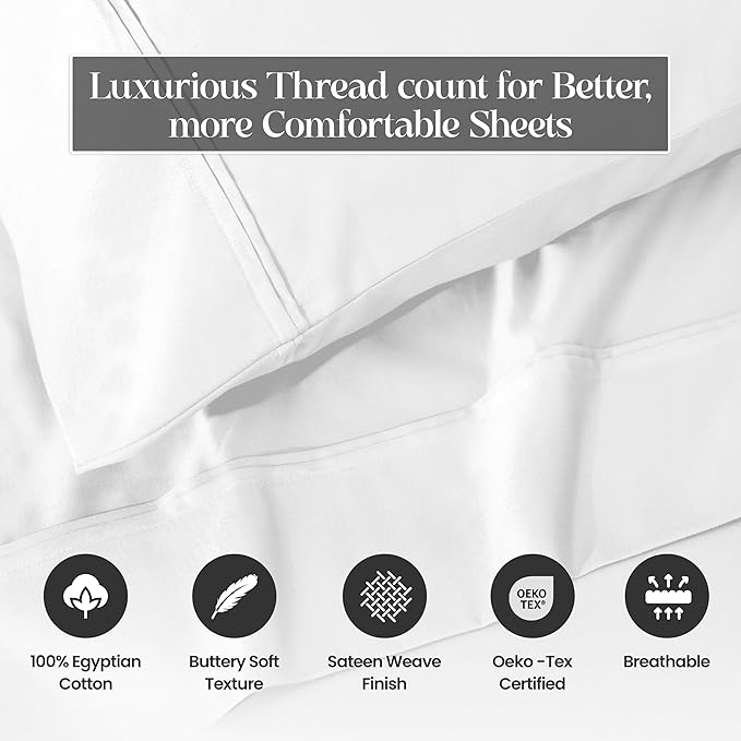 1200 Thread Count 100% Egyptian Cotton, Soft and Breathable, 2-Piece Standard Pillowcase Set Solid, White