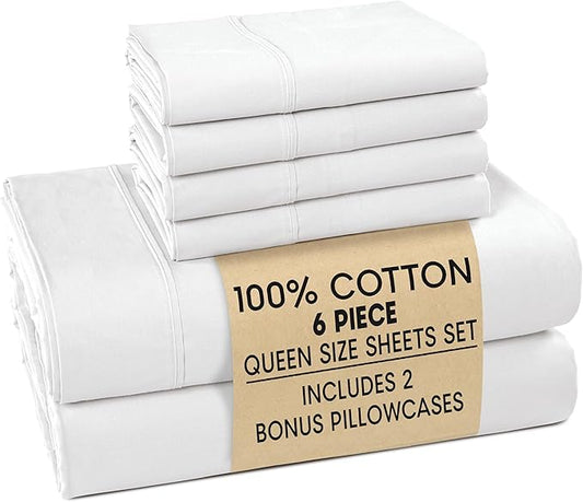 Casa Platino Queen Sheets Set –100% Cotton Queen Sheets with 4 Pillowcases, Lightweight Feel & Secure Fit, Crisp & Breathable Percale Weave with 15" Deep Pocket, Soft and Cozy – Pure White