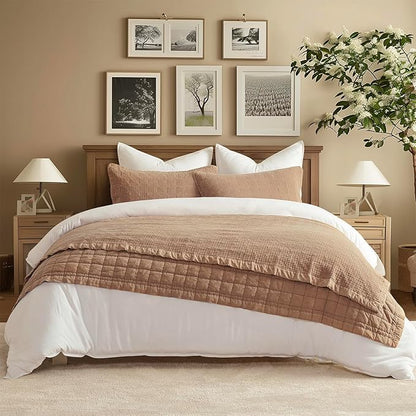 EVERGRACEHOME Stonewashed Cotton Quilt Set King Size, Ultra Soft Oversized Bedspread Coverlet Set, Lightweight Crinkle Box Stitch Bedding Sets for All Season, with 2 Shams, Terracotta
