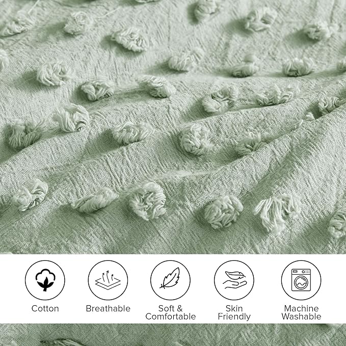 Comfort Spaces Twin Comforter Set Jacquard Pom-Pom Tufts Boho Comforter for Twin Size Bed, MIcrofiber Reverse, All Season & Lofty Twin Bedding Set & Sham, Phillips, Twin/Twin XL, Sage Green 2 Piece