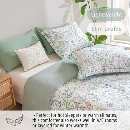 Floral Cotton Comforter King Size - Botanical Wildflower Pattern with Soft Pestel Accents on White, Textured Dusty Green Back, 3PC Lightweight Bedding Set with Down Alternative Fill(104"×90")