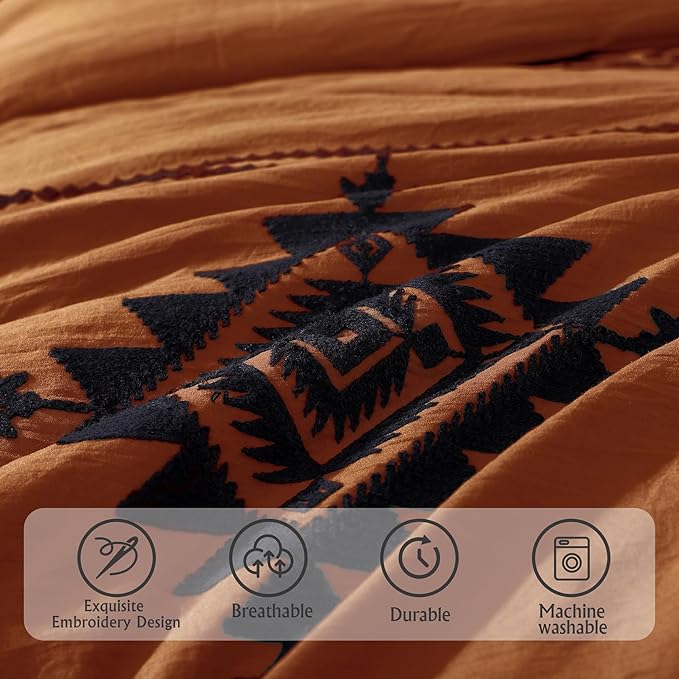 MaiRêve Embroidery Oversized King Size Comforter Set Burnt Orange, Boho Farmhouse Western Bedding Set 7 Pieces, All Season Bed in A Bag Comforter Set with Sheets, Pillowcases & Shams