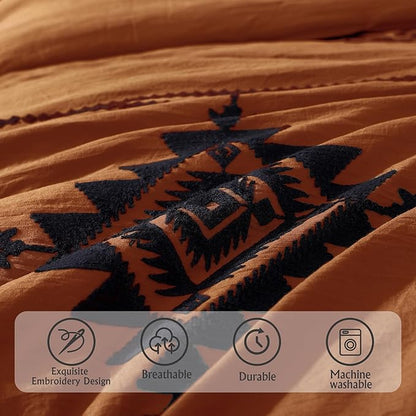 MaiRêve Embroidery Oversized King Size Comforter Set Burnt Orange, Boho Farmhouse Western Bedding Set 7 Pieces, All Season Bed in A Bag Comforter Set with Sheets, Pillowcases & Shams