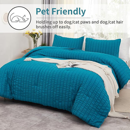 AveLom Teal Seersucker California King Comforter Set (104x96 inches), 3 Pieces-100% Soft Washed Microfiber Lightweight Comforter with 2 Pillowcases, All Season Down Alternative Bedding Set