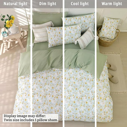 Floral Cotton Comforter Twin Size 2Pcs - Yellow and Blue Tiny Flowers & Little Lambs on White, Sage Green Back, Reversible Lightweight Bedding Sets with Soft Fill(1 Comfoter, 1 Pillowcase)