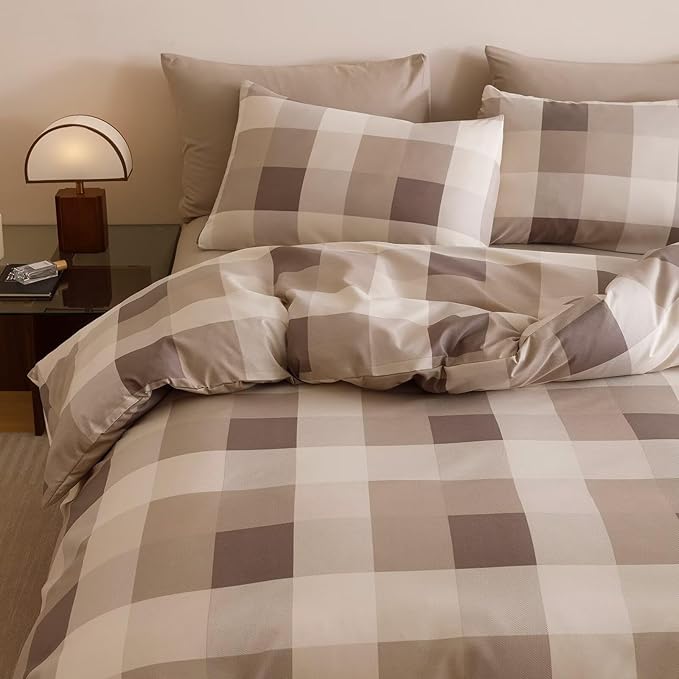 Houseri Coffee Color Plaid Comforter Set California King Vintage Grid Bedding Sets