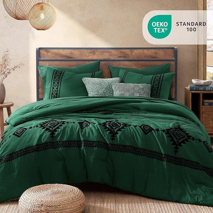MaiRêve Embroidery Comforter Set, Boho Farmhouse Western Bedding Set, All Season Bed in A Bag Comforter Set with Sheets, Pillowcases & Shams, Emerald Green Queen 7 Pieces