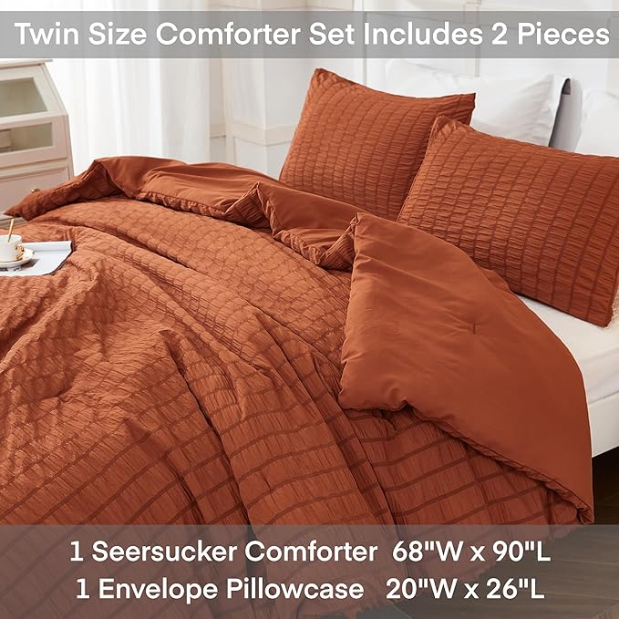 AveLom Terracotta Seersucker Twin/Twin XL Comforter Set (68x90 inches), 2 Pieces-100% Soft Microfiber Lightweight Comforter with 2 Pillowcases, All Season Down Alternative Comforter Set for Bedding