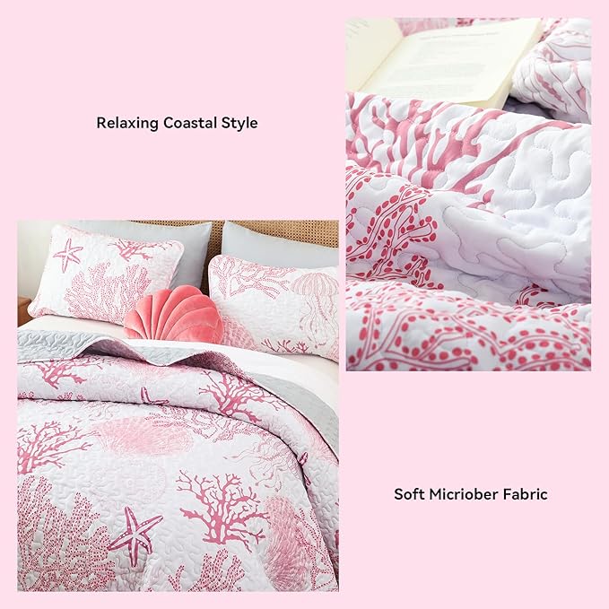 weigelia Coastal Quilts Bedding Set Queen Size - Pink Summer Nautical Bedding Quilt with Pillow Cases, Beach Reversible Quilt Set Ocean Coral Bedspreads Coverlet Soft Lightweight Comforter