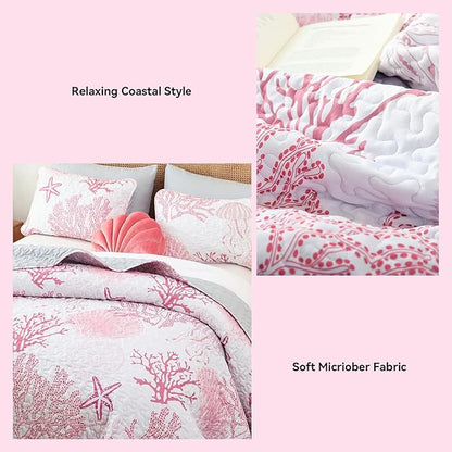 weigelia Coastal Quilts Bedding Set Queen Size - Pink Summer Nautical Bedding Quilt with Pillow Cases, Beach Reversible Quilt Set Ocean Coral Bedspreads Coverlet Soft Lightweight Comforter